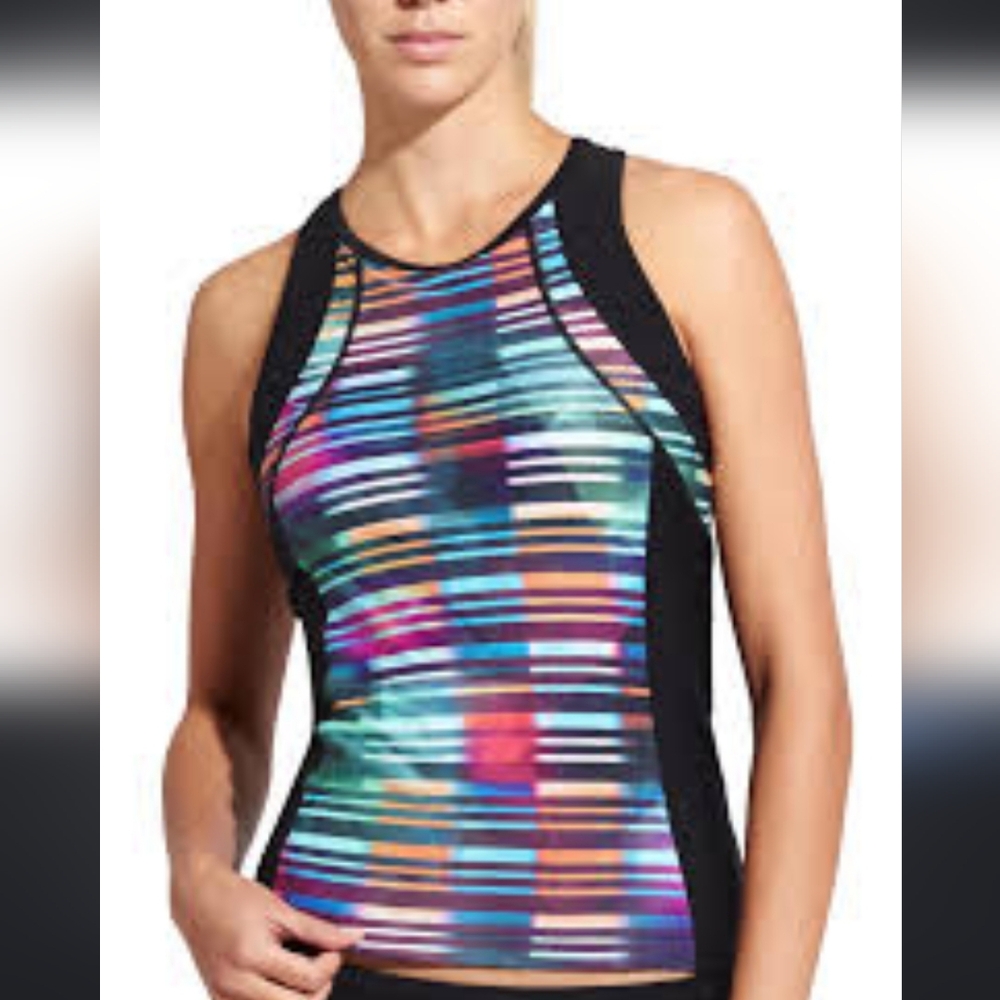 ATHLETA Tankini Top Swim Out Open Back SzXXS Rainbow Stripe Mesh Performance - Picture 12 of 13